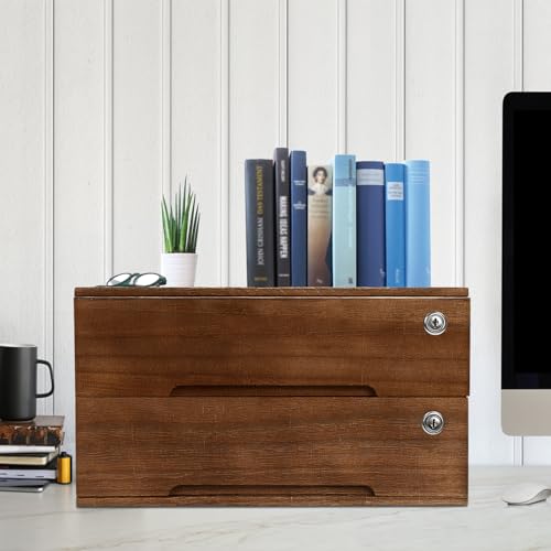 Kaichenyt Wooden Desk Organizer 2 Tier Solid Color Flat File Cabinet with Drawers & Lock & 4 Keys Modern Lockable Desktop Organizing Unit for Home Office Supplies File (Walnut)
