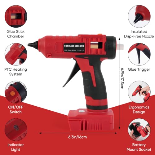 100w Cordless Hot Melt Glue Gun Compatible with Milwaukee M18 18V Battery, High Temp Electric Power Glue Gun with 20pcs 11x150mm Glue Sticks for Arts Crafts DIY Decor School Home Repair (No Battery)