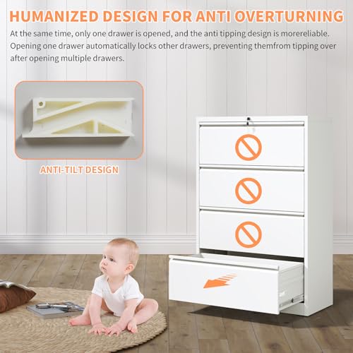 SRECELL Metal Lateral File Cabinet 4 Drawer, Lockable Filing Cabinet for Letter Legal A4 F4 Files, Wide Office Storage with Hanging Rails, Secure Home Office Organizer,White