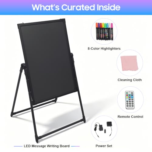 Standing A-Frame LED Message Writing Board, Neon Menu Sign Board with Adjustable Height, Illuminated Erasable Lighted Chalkboard with 8 Fluorescent Chalk Markers, 7 Colors & 4 Modes