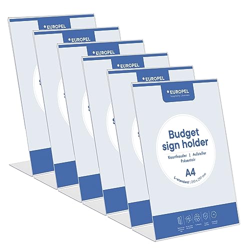 Europel Budget Table Stands, Pack of 6 pcs, L Stand, DIN A4 High, Crystal Clear Polystyrene 1.5 mm, Menu & Brochure Stands for Restaurants, Hotels, Conference & Reception
