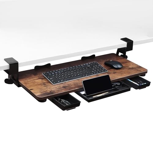 Large 26.77" Keyboard Tray Under Desk with Storage Drawer - Heavy Duty C-Clamp Mount, Ergonomic Computer Keyboard Stand for Home Office, Easy Install (Mahogany)