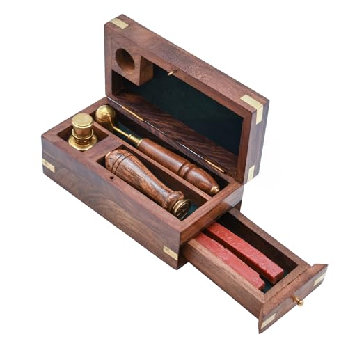 Letter Stamp Wax Seal Kit - Wooden Box with Pot, Sticks and Burner Wood Handle Seal Stamp Star Head - Ideal for Wedding Gift Invitation, Birthday Letter Envelope Sealer Set - 6" Wax Kit Gift Set