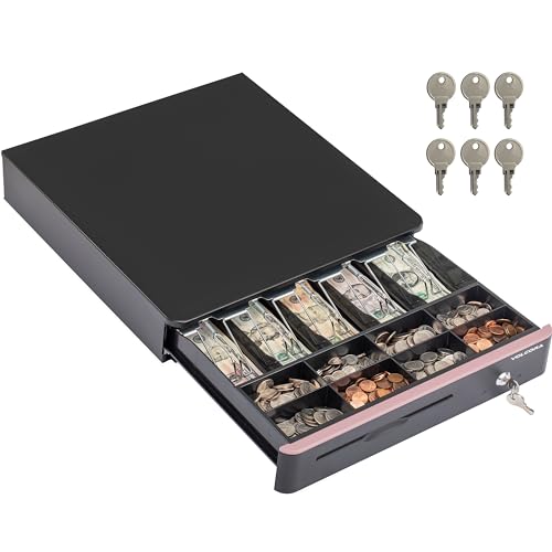 Volcora Cash Register Drawer for Point of Sale POS System with Round Corners 16", Removable Coin Tray, 5 Bill 8 Coin, 12-24V RJ11/12 Key-Lock Media Slot, Money Drawer for Business, Pink Bar/Black