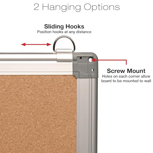 Excello Global Products Hanging Combination Board (Cork and Dry Erase) 24" x 36" w/Markers, Magnets and Pins