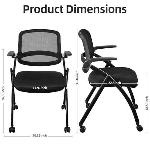 BoisKom Folding Office Chair Flip Up Arm，Conference Room Chairs with Wheels, Foldbable Office Desk Chair with Adjustable Back Rest for Training Room, Guest Reception Chair (Black)