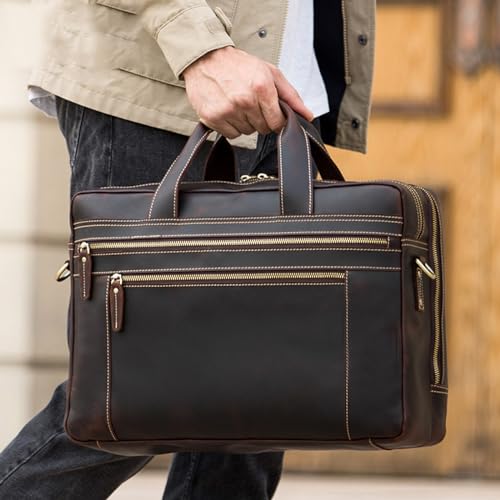 NUHSLF Leather Messenger Bag for Men Genuine Leather Briefcase 17inch Laptop Messenger Bags for Men Business Travel Case Shoulder Bag