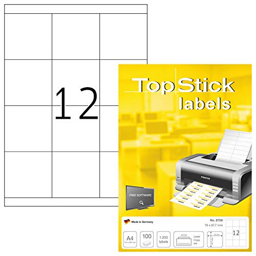 TopStick 8709 Multi-Purpose Labels, 12 Labels Per A4 Sheet, 70 x 67.7 mm, 12000 Labels, Self Adhesive, Stickers for Laser and Inkjet Printers, White