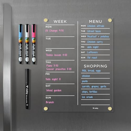 Visibly Magnetic Acrylic Meal Planner, Menu & Shopping List Board for Fridge, 9” x 12” Clear Refrigerator Organizer, Includes 4 Magnetic Wet-Erase Markers, Black Corner Magnets