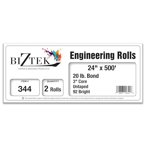 BIZTEK Wide Format Paper 24" x 500' Rolls Bond Engineering (20lb | 2 Rolls, 24 In x 500 Ft | 3" Core)
