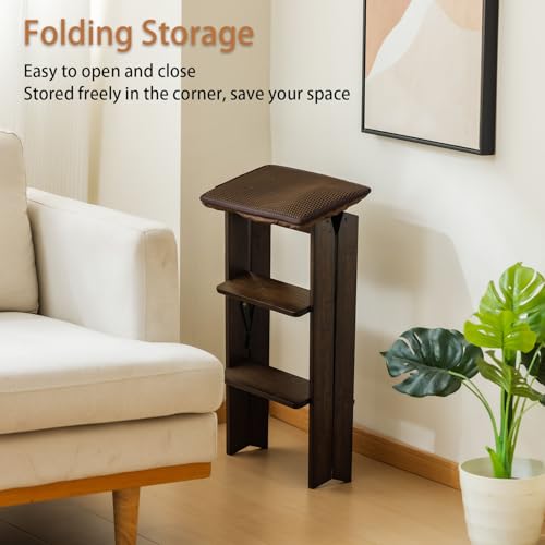 Latifolia Foldable 3 Step Ladder, Bamboo Step Stool with Floor Saver, Decorative Ladder Shelf for Living Room, Kitchen, Garden(Dark Walnut)
