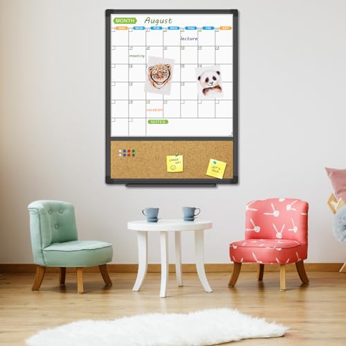JILoffice Magnetic Calendar Whiteboard & Bulletin Corkboard Combination, Combo Board 20 x 28 Inch, Black Aluminum Frame Wall Mounted Board for Office Home and School with 10 Push Pins