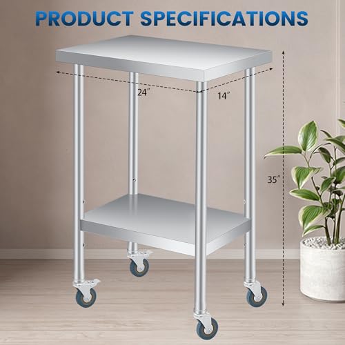 Multifunctional Stainless Steel Work Table, 14x24x35 Inch Portable Kitchen Cart with Locking Casters, Heavy-Duty Metal Utility Table for Food Prep, Home Bar, Catering & Hotel