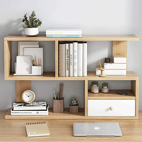 UINGBPXT Bookcase Wood Desktop Bookshelf with Drawer Free Style Display Shelf Rack Multilayer Desk Organizer for Home and Office Supplies Bookcase High Capacity, 100cm, Natural1