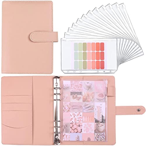 QERTYHKK A6 PU Leather Notebook Binder Folder Planner Personal Budget Cash Envelopes System with 12 Zipper Pockets,Label Stickers