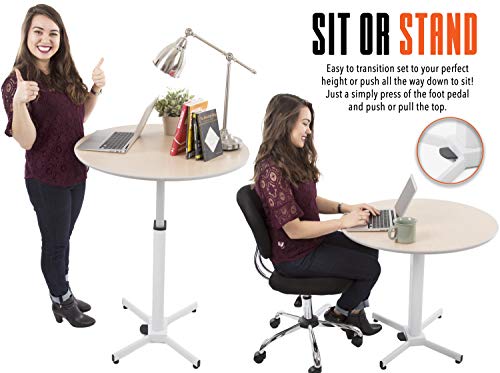 Stand Steady Adjustable Height Round Table - Ergonomic Sit to Stand Desk, Side Table, High Top Cocktail Cafe Table - Ideal for Saving Space and Comfortable Sitting (White/Maple, 31.5in x 28-42.5in)