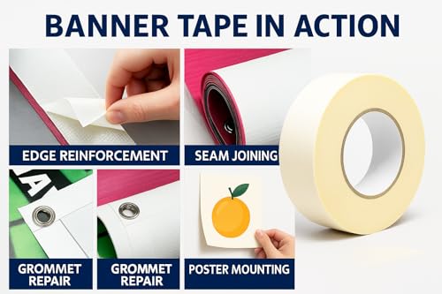 ANXH Rackplus Heavy Duty Double Sided Banner Tape 1" x 90 feet Clear Adhesive for Vinyl Poster Mounting, Weatherproof & Permanent, Ideal for Outdoor/Indoor Signage, Hemming, Crafts, Events (12)