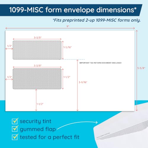Blue Summit Supplies 500 1099 MISC Tax Envelopes, Double Window, Gummed