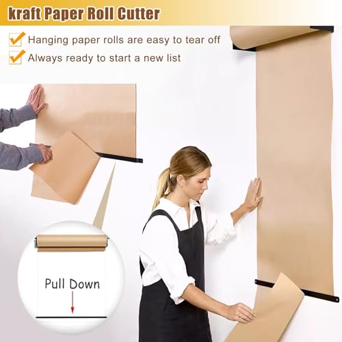 DFEDHF Brown Paper Roll Wall Hanging, Kraftpaper Roll Dispenser Cutter with Wood Board, Cafe Menus Paper Board for Daily Specials/Schedule Reminders/Leave Message(Black-37cm/14.6in Wide)