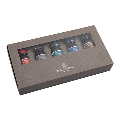Jacques Herbin - Ref 14000JT - 10ml Ink Bottles for Fountain Pens and Rollerball Pens - Rouge Hématite, Gris Orage, Émeraude de Chivor, Bleu Océan, Caroube de Chypre - Set of 5