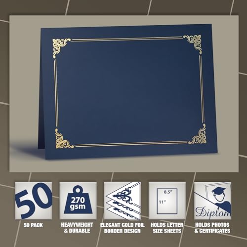 50 Pack Certificate Holders, Diploma Holders, Document Covers with Gold Foil Border, by Better Office Products, for Letter Size Paper, 50 Count (Blue)