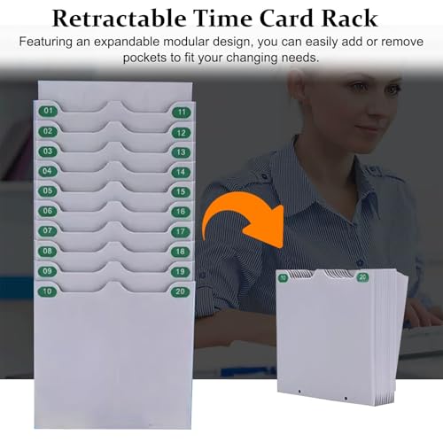 Time Card Rack Office Expandable Time Clock Rack Double Row, Reusable Card Storage Rack for Attendance Employee Assignment, Multi-Slots In Out Timecard Self(20 Pockets)