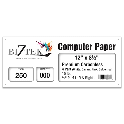 BIZTEK Continuous Carbonless Computer Paper 12 x 8 1/2, Blank Left and Right Perforated, 15 lb, 4-Part White/Canary/Pink/Golden - 800 Sets