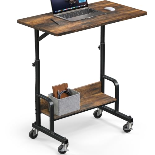 SHW Height Adjustable Mobile Standing Desk Laptop Cart, Rustic Brown