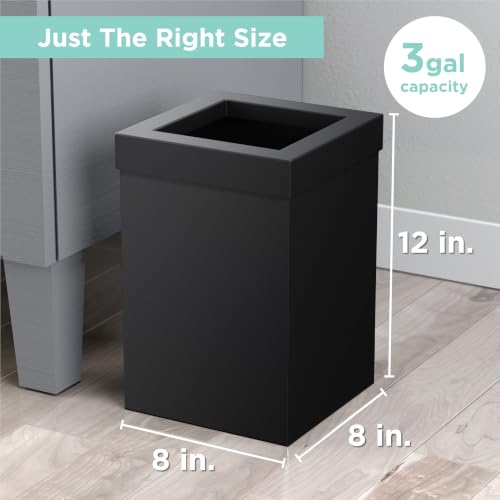 Gatco Small Bathroom Trash Can With Lid, Square 3 Gallon Stainless Steel Wastebasket, Under Sink, Matte Black, For Bathroom, Bedroom, Office (1915)