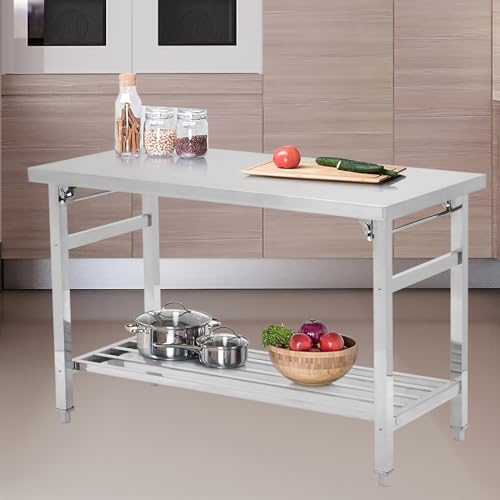 48*24 Inch Stainless Steel Prep & Work Table - NSF Certified Commercial Heavy Duty Folding Kitchen Table with Adjustable Slotted Undershelf, Portable Utility Work Bench for Restaurant, Dining & Home