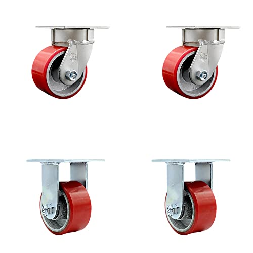 Heavy Duty Kingpinless Swivel Caster Set of 4 with 4 Inch Red Polyurethane on Cast Iron Wheels and Ball Bearings - Includes 2 Swivel and 2 Rigid - 2,800 lbs. Total Capacity - Service Caster Brand