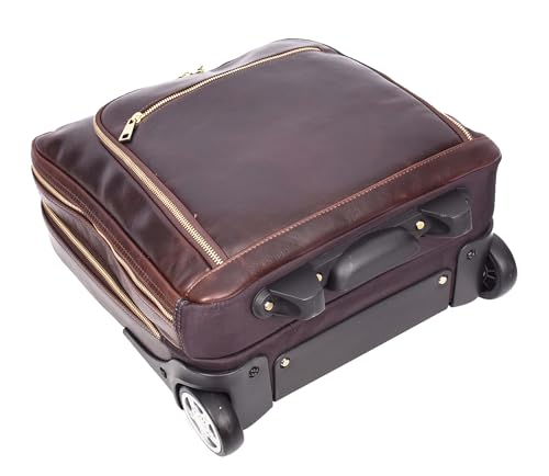 A1 FASHION GOODS Premium Leather Pilot Case Wheeled Briefcase Business Travel Laptop Bag Multi Zip Pockets A51, Brown, M, Pilot Case