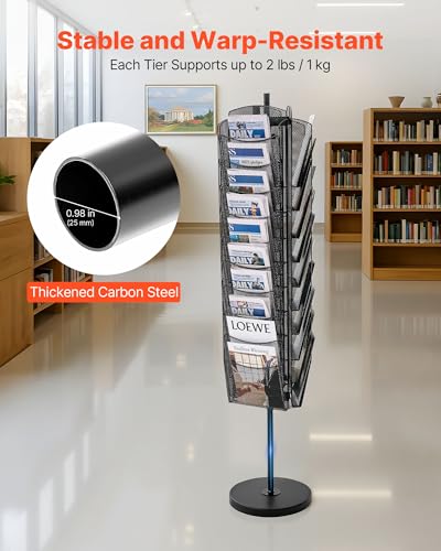 VEVOR Rotating Brochure Display Rack, 30 Pockets Mesh Magazine Literature Display Stand, Portable Floor Standing Magazine Rack, Metal Newspaper Catalog Holders for Shop Exhibitions Office Trade Show