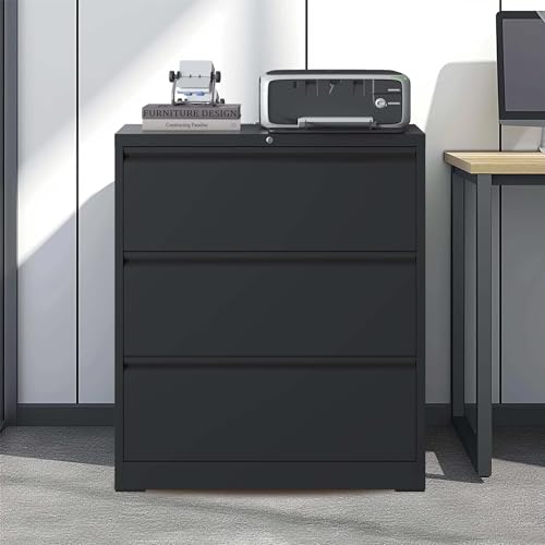 ASKVDL 3 Drawer Metal Lateral File Cabinet with Lock, Black