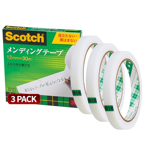 (Amazon.co.jp Exclusive) 3M Scotch Tape Mending Tape, Large Roll, 0.5 inches (12 mm) x 12.8 ft (30 m), 3 Rolls, 810-3-12-SIOC