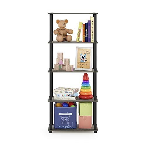 Furinno RATA Book Shelf, 5-Tier Industrial Multipurpose Flat Base Bookshelf, Bookcase with Metal Frame, Narrow, French Oak Grey