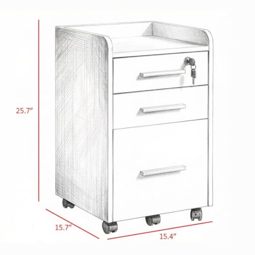 Tanimoreg White 3‑Drawer Mobile File Cabinet, Lockable Rolling Office Storage Cabinet with Raised Top Edge, Vertical Filing Cabinet for Home Office Document Organization