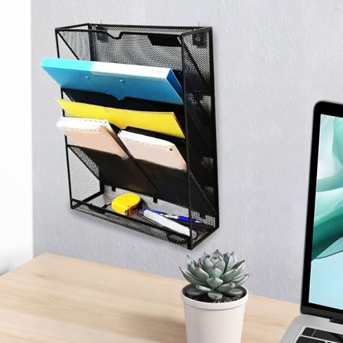 LOUYENOUS 5 Pocket Wall File Holder Mesh Hanging File Organizer Sturdy Space Saving Easily Installation Wall Mount Paper Folder Stand