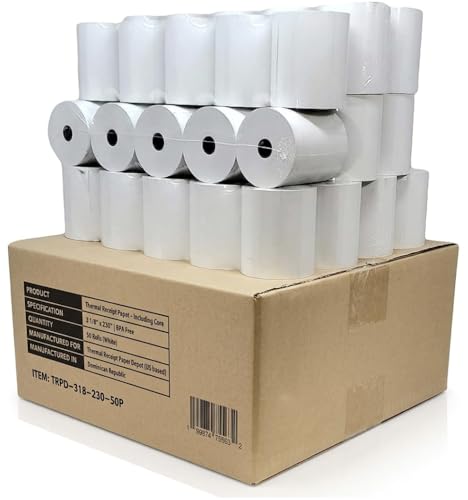 Thermal Receipt Paper (50 Rolls) 3 1/8 x 230-55 GSM Receipt Paper for POS Registers - BPA Free - US Procured