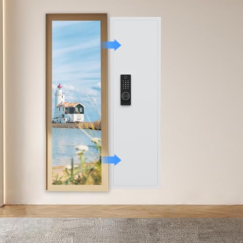 kavey 53.15" Wall Safe Between the Studs, Biometric Hidden Wall Safe with LCD Keypad & Dual Alarm, In Wall Gun Safe with 5 Adjustable Shelves & Magnetic Slot (White-Biometric)