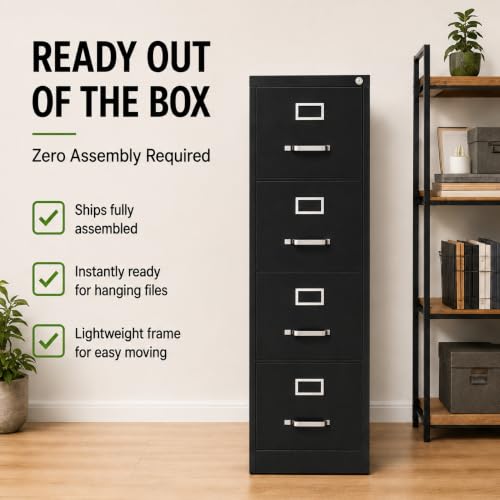 Pemberly Row 4 Drawers 52" Vertical Black Metal Filing Cabinet Lockable Pre-Assembled Stationary Letter Size for Home, Office