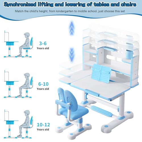 Kid's Study Desk and Chair Set, Height Adjustable Children's Desk with 50-Degree Tiltable Desktop, Bookshelf & Storage Drawer, Ergonomic Study Table Set for Bedroom (Blue)