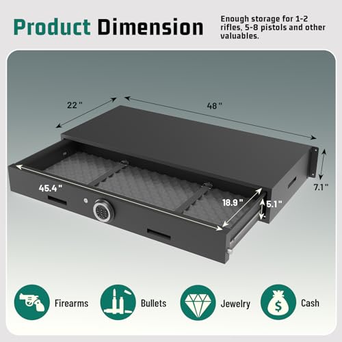Rumetol 7.1"H Gun Safe for Handgun,Under Bed Gun Safe for Rifles & Pistols,Drawer Safe with LED Light & Digital Panel,Shotgun Cabinet with Mute & Alarm.Quick Access