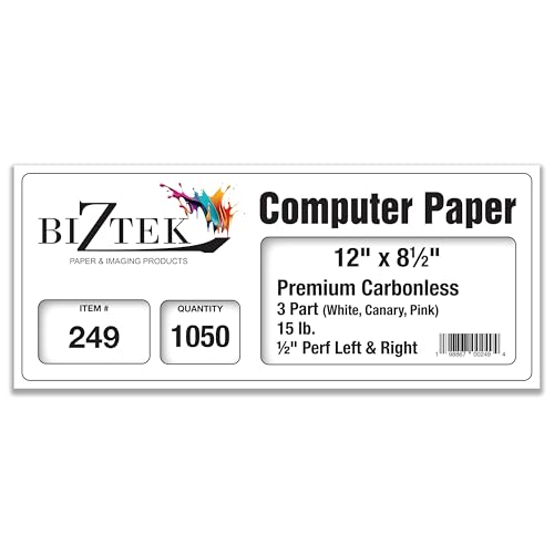 BIZTEK Continuous Carbonless Computer Paper 12 x 8 1/2, Blank Left and Right Perforated, 15 lb, 3-Part White/Canary/Pink - 1,050 sets