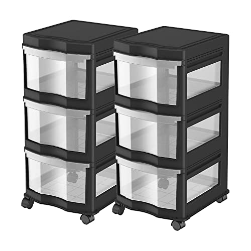 Life Story 2 Pack 3 Drawer Plastic Shelf Storage & Organizer w/Wheels,Black
