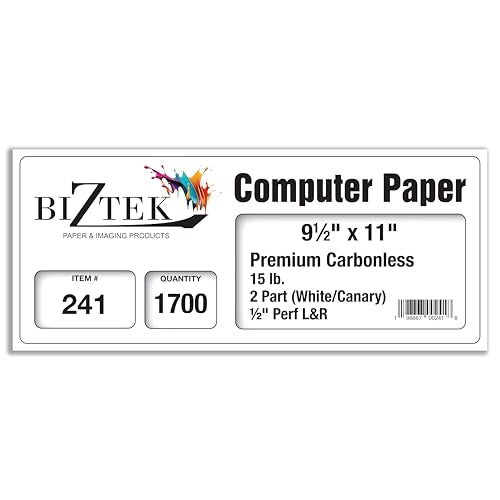 BIZTEK Continuous Carbonless Computer Paper 9.5 x 11, Blank Left and Right Perforated, 15 lb, 2-Part White/Canary (1,700 Sheets) - Made In The USA 91192