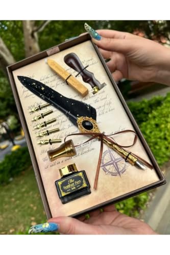 SODEF Traditional Calligraphy Divit Inkwell Set with Feather Pen, Metal Nib, Wax Seal & VIP Gift Box - Ottoman Divit Inkwell Set