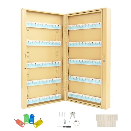 Yokoma 200 Position Key Cabinet Heavy-Duty Cold-Rolled Steel Wall Mount Key Organizer with 200 Key Cards & Numbered Hooks for Office,Hotel Beige