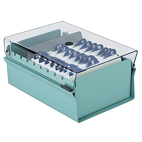Acrimet 3 x 5 Card File Holder Organizer Box Metal Base Heavy Duty (AZ Index Cards and Divider Included) (Green Color with Clear Crystal Plastic Lid Cover)
