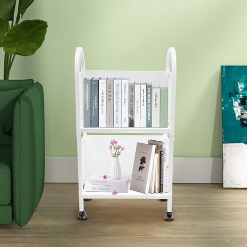 CeRaBuRET Library Book Cart, White Rolling Book Cart, Office Book Cart, Moveable Book Organizer with 2 Lockable Wheels, 34in Tall Rolling Carts with 2 Tiers Bookshelf for Office, Home, Reading Rooms